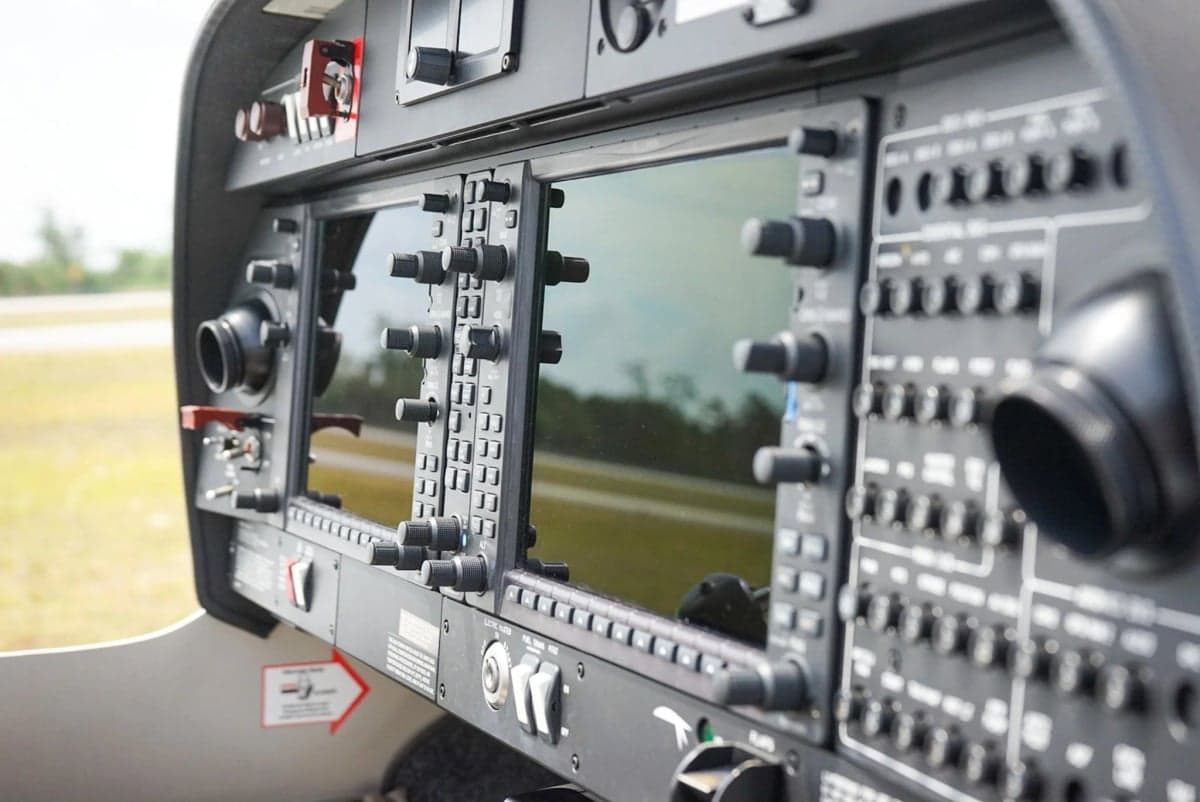 Close-up of the aircraft's instrument panel and avionics.