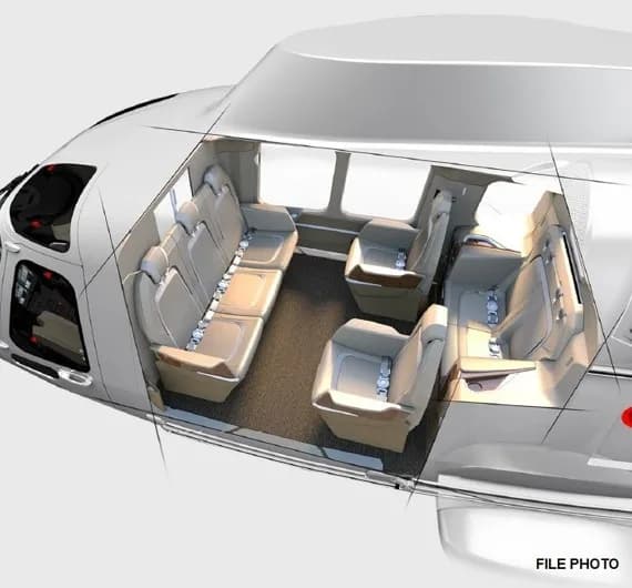 Sketch of the interior of a helicopter with seating arrangement.