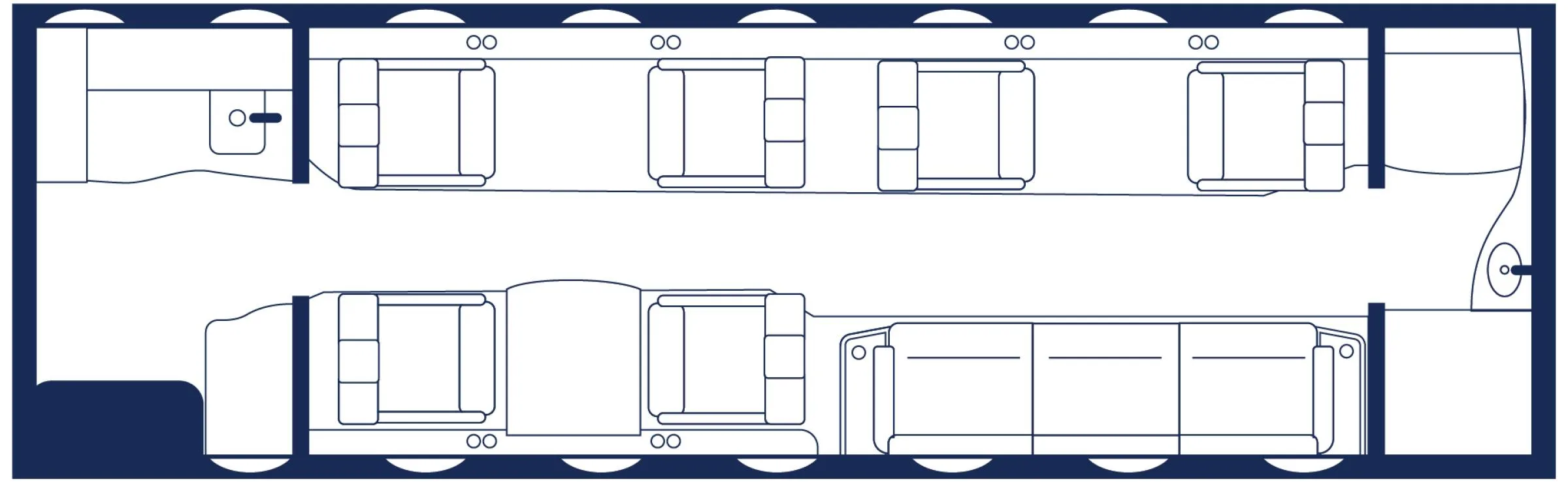 Cabin layout diagram showing seating arrangement.