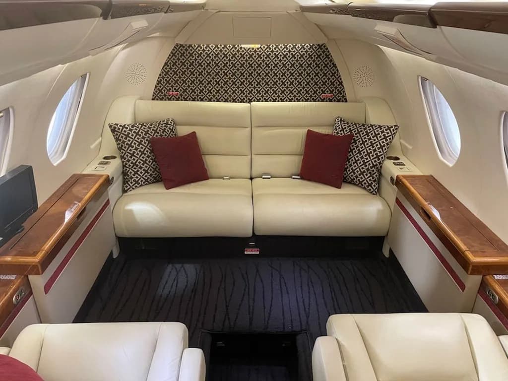 A view of the private jet's cabin with a cream leather two-seater couch and dark patterned wall paneling.
