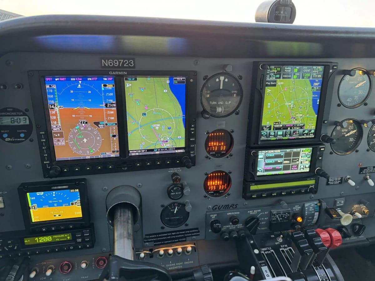 Full view of the cockpit with Garmin avionics and tail number N69723.