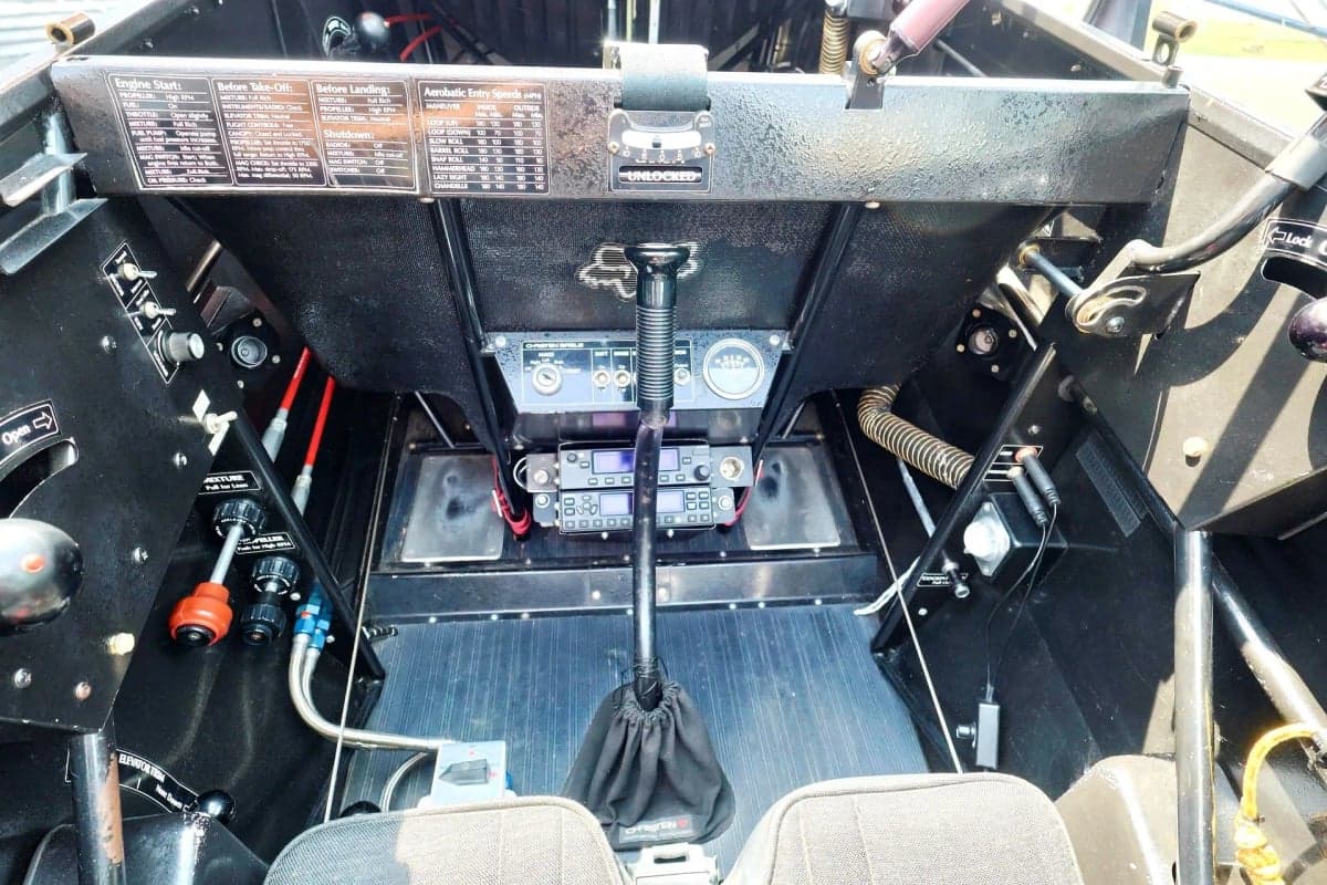 View of the cockpit of the Christen Eagle II, showing instruments and controls.