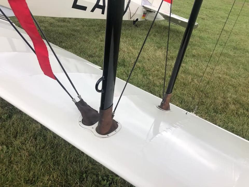 Rear view of the D-EAVV biplane parked on a grassy airfield, centered.