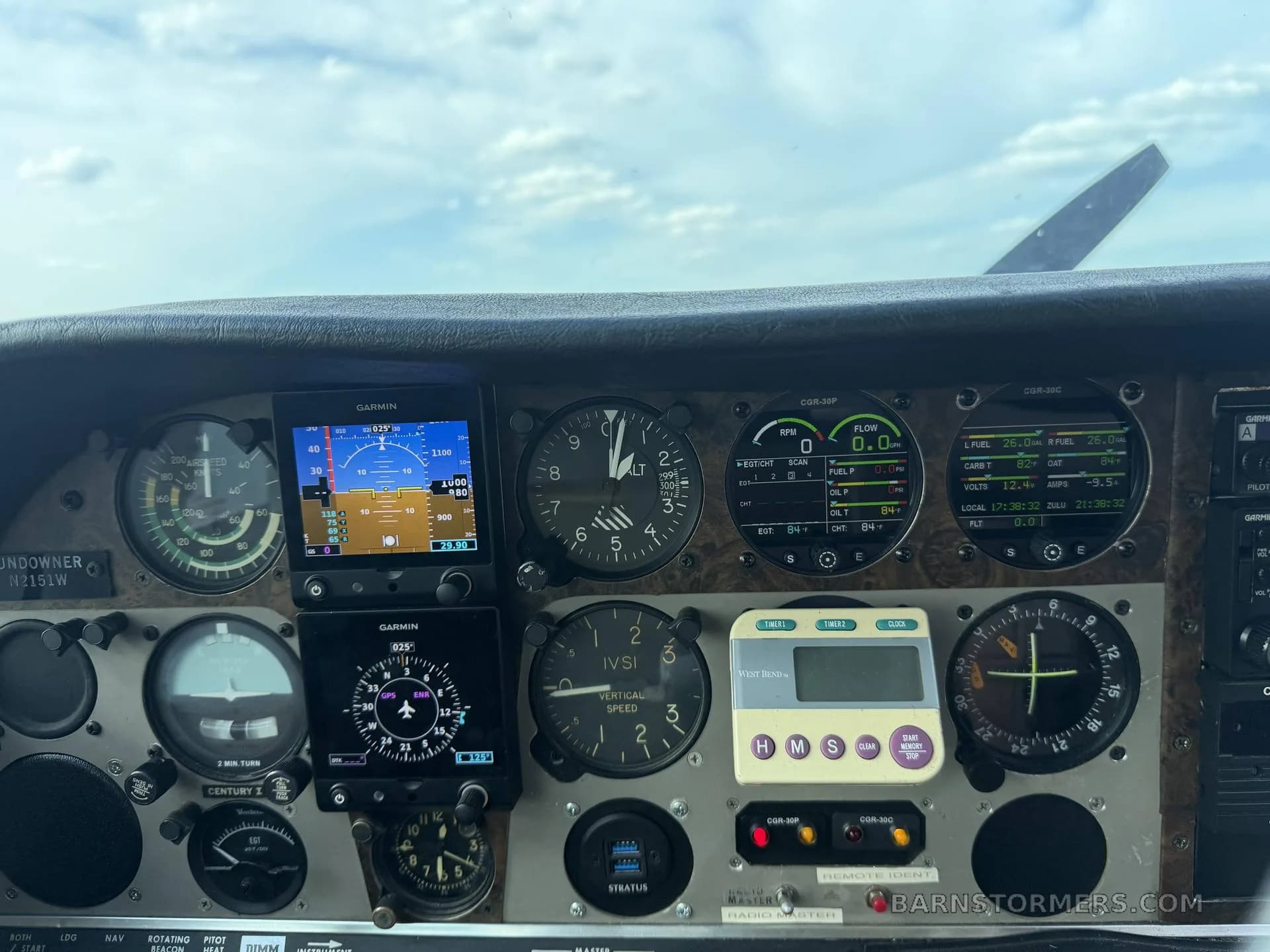A detailed view of an aircraft cockpit instrument panel with various analog gauges and digital displays, including a Garmin G5.