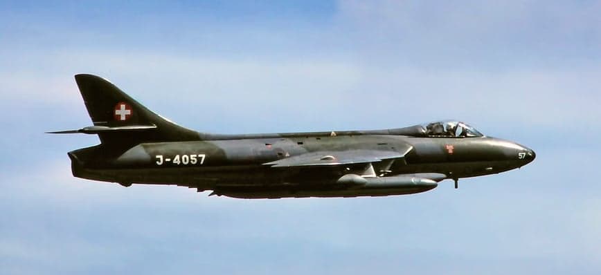 A Swiss Air Force Hawker Hunter, registration J-4057, in flight.