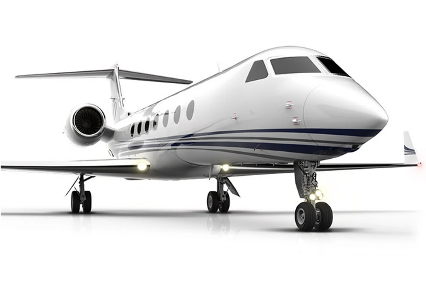 A white business jet with blue accent stripes on a clean white background, viewed from the front-right.
