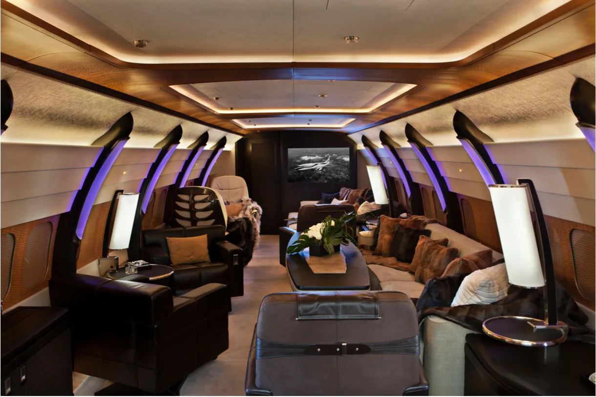 View of the aircraft interior with dark leather seats and a television.