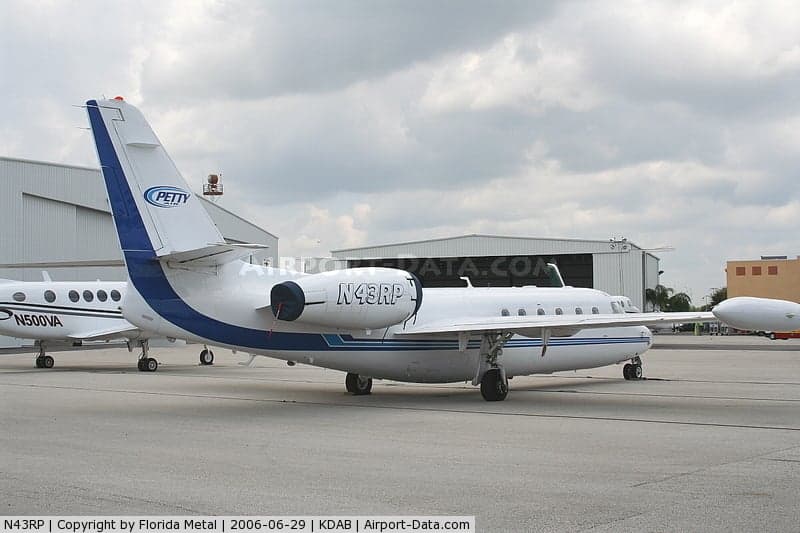 A Cessna Citation jet with blue and white paint scheme parked on the tarmac.