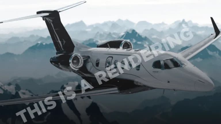 Rendering of a Phenom 300E in flight over mountains.