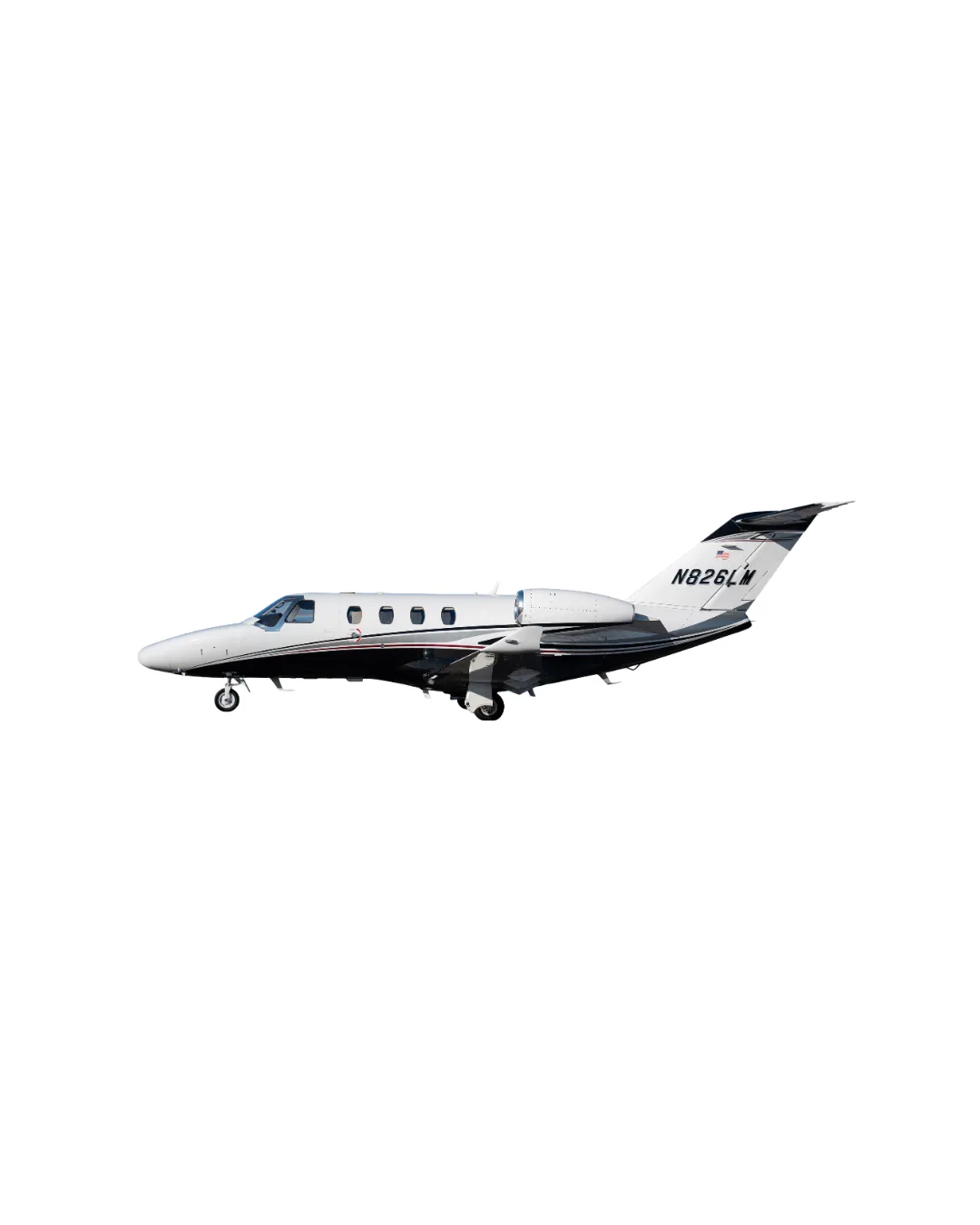 A white Cessna Citation business jet with black and red stripes, registration N826LM, seen from the side against a white background.