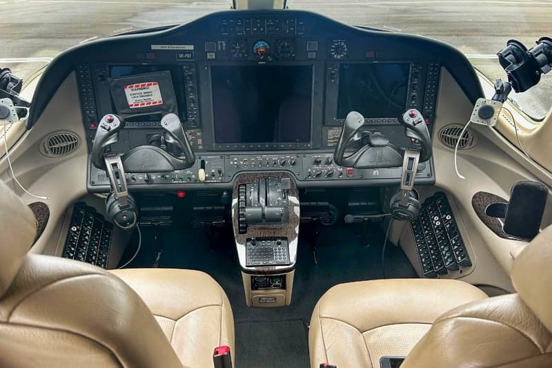 View of the aircraft's cockpit and instrument panel.
