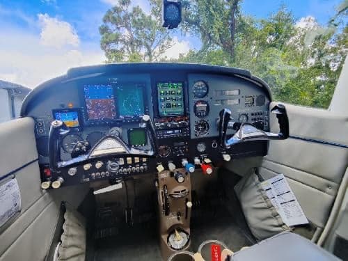 The cockpit of the Cessna 172 Skyhawk, showing the instrument panel and controls.