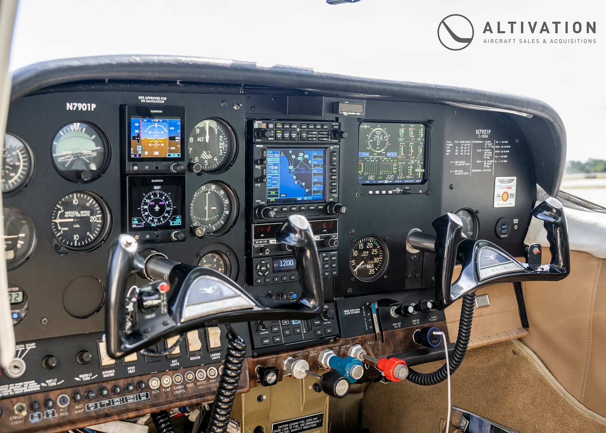 The cockpit of a Cessna 182 Skylane showing the instrument panel with modern avionics and dual yokes.