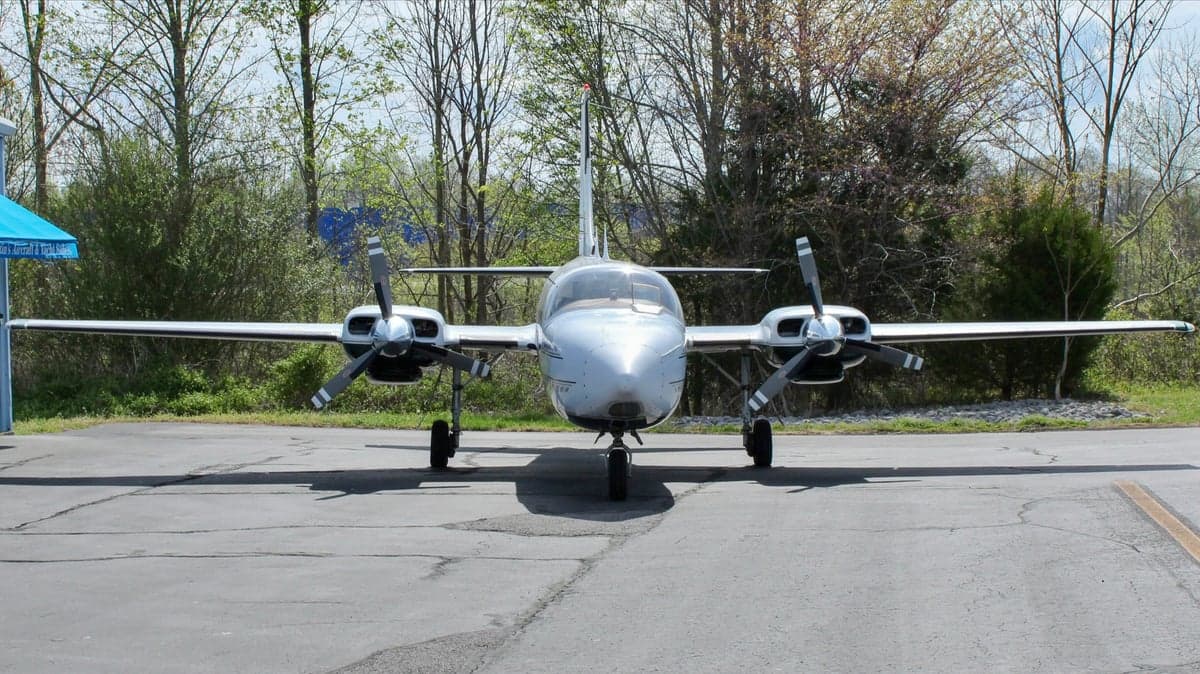 Front view of an Aerostar Super 700 twin on the ramp.