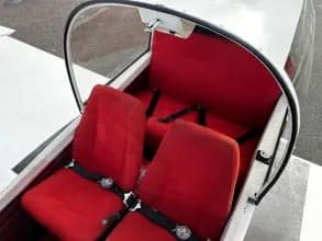 View of the red seats and seatbelts inside the aircraft cabin.