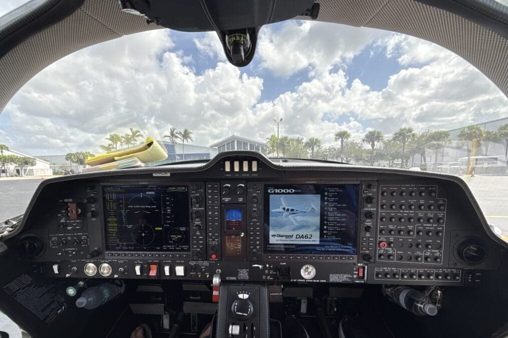 View of the Diamond DA62 cockpit instrument panel with G1000 avionics.