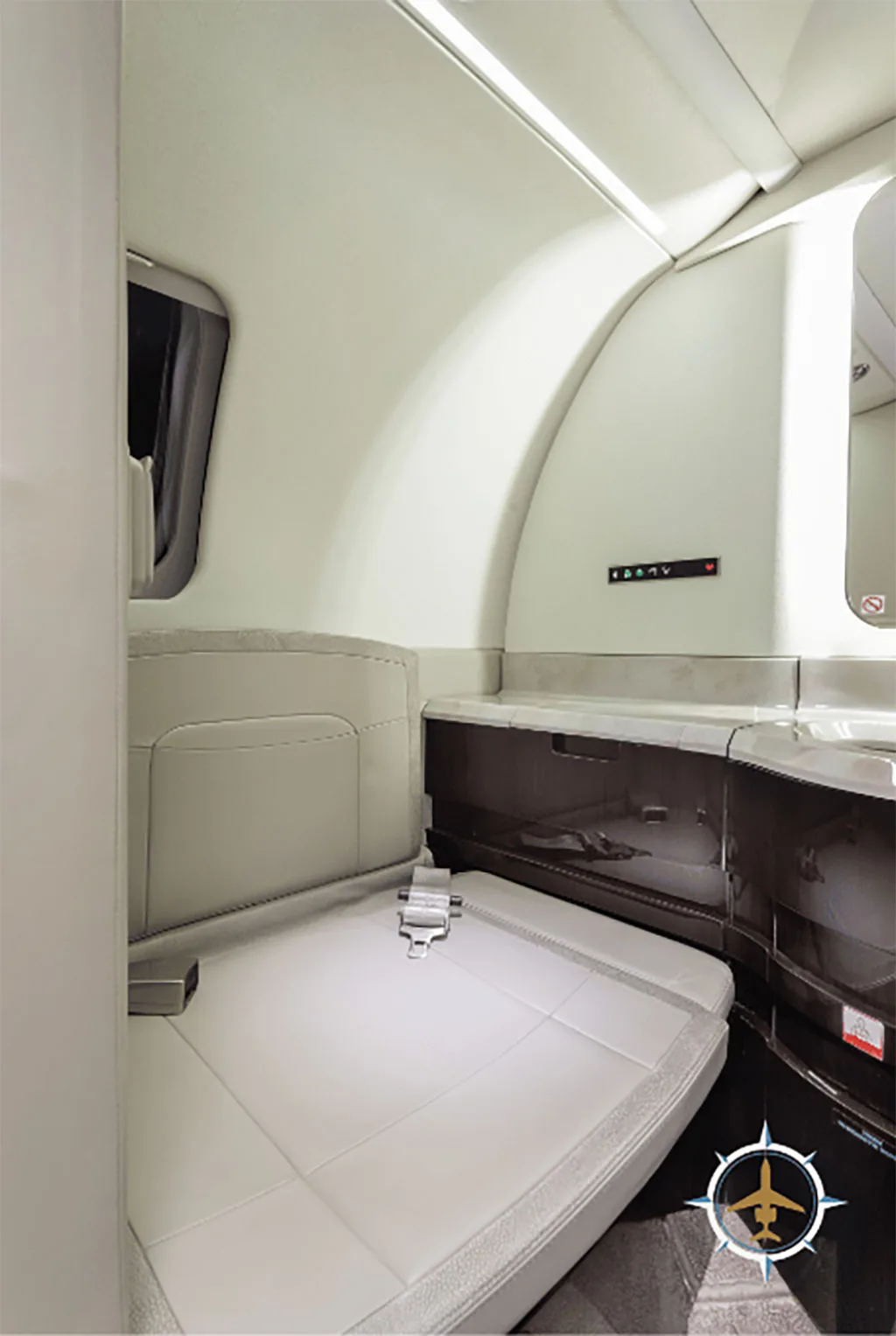 A side view of a light-colored leather seat or couch in the aircraft cabin, next to dark wood paneling.