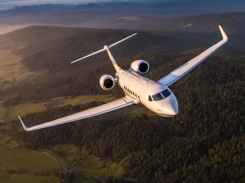 A white Gulfstream G550 business jet flies over a lush green forested landscape during sunset or sunrise.