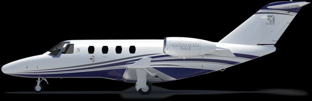 A side view of a Citation M2 aircraft on a black background.