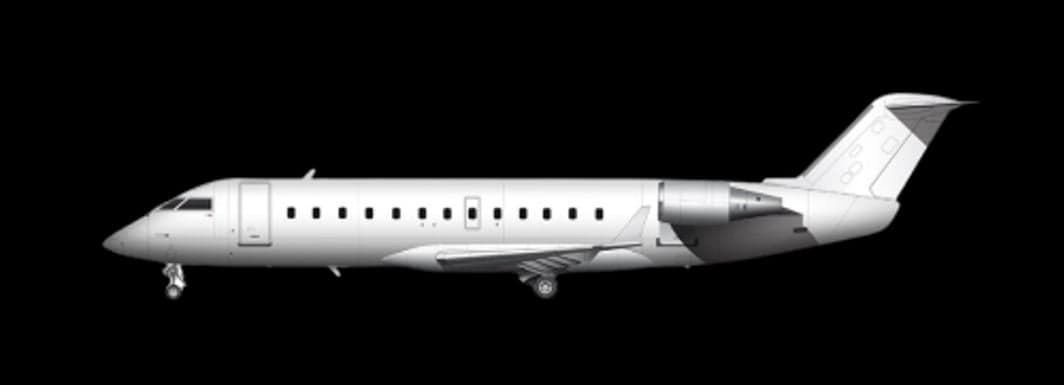 A side view diagram of a Bombardier Challenger aircraft.