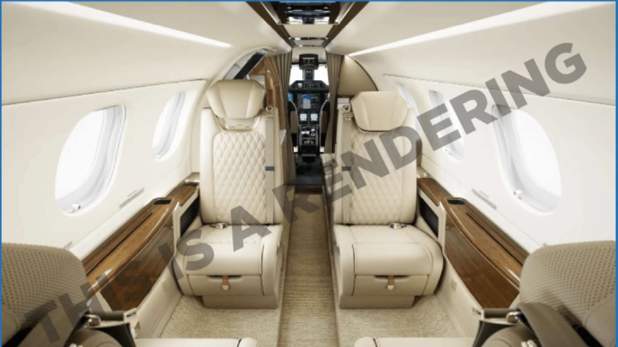 Aircraft interior with leather seats and wood accents.