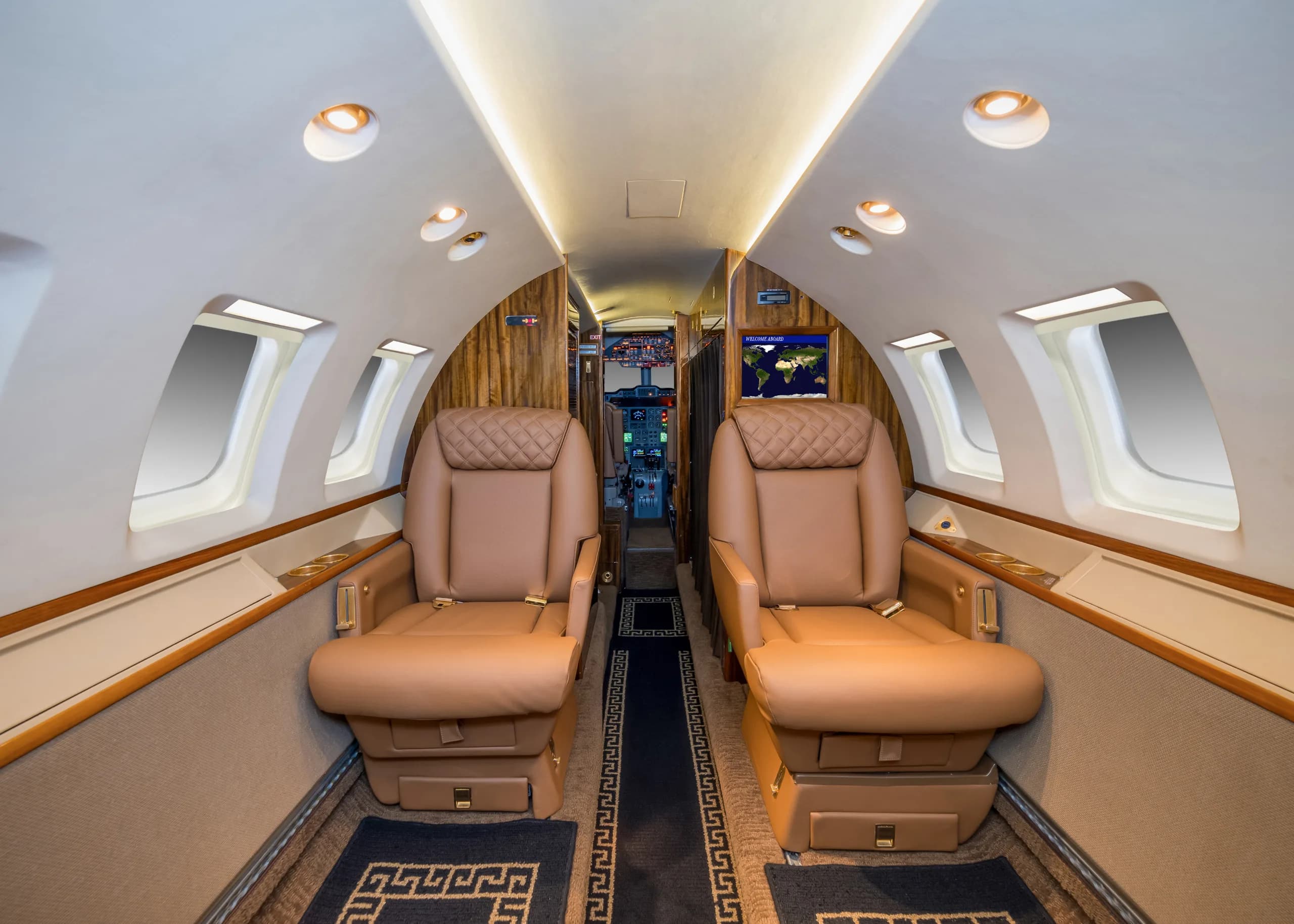 The interior of a private jet cabin, showing tan leather seats facing forward and a monitor displaying a world map.