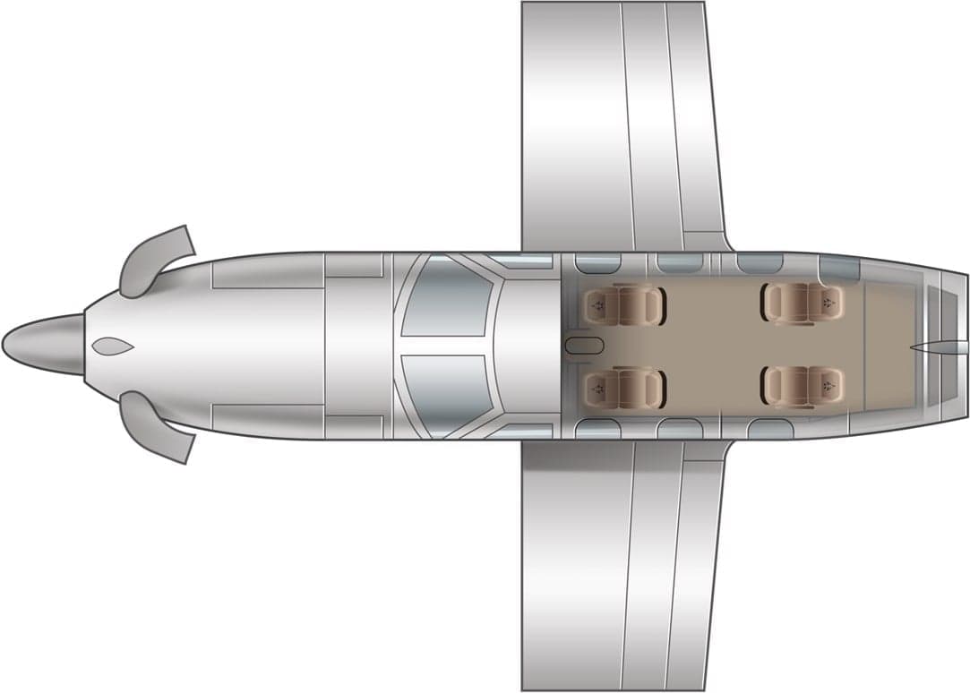 Overhead diagram of an aircraft cabin layout.