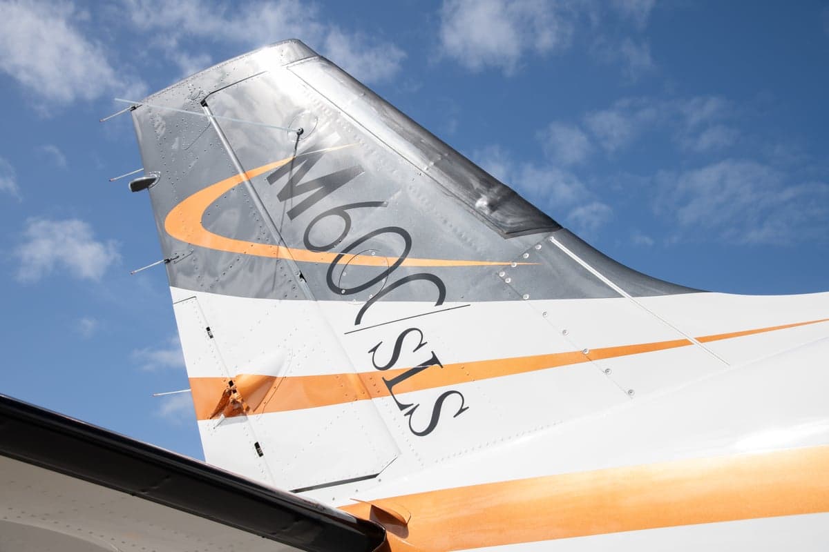 Close-up of the tail of a Piper M600 HALO, registration N35PK.