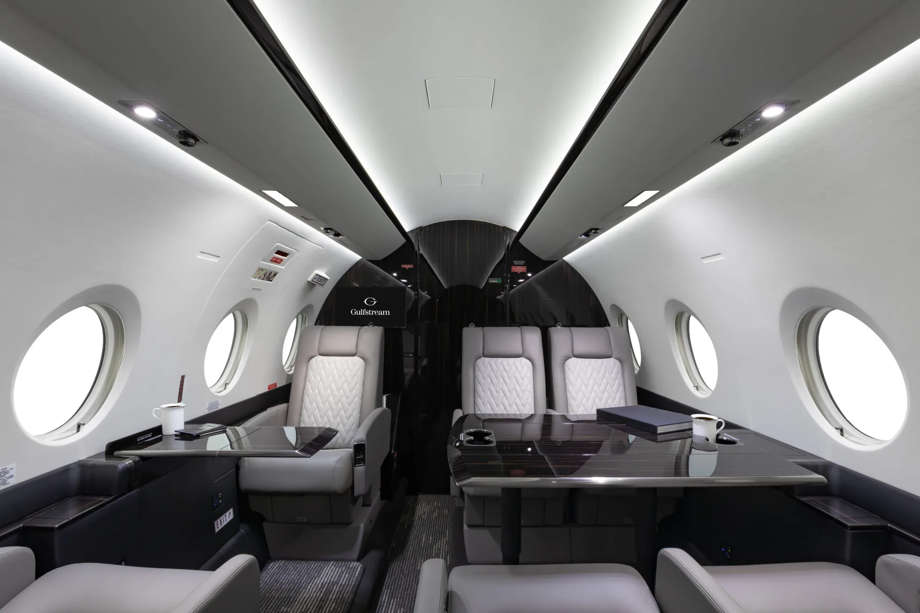 Forward view of the aircraft cabin with leather seats and oval windows, with tables extended.