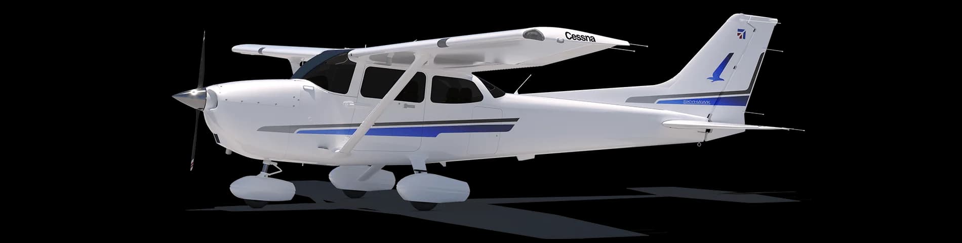 A white and blue Cessna Skyhawk aircraft on a black background.