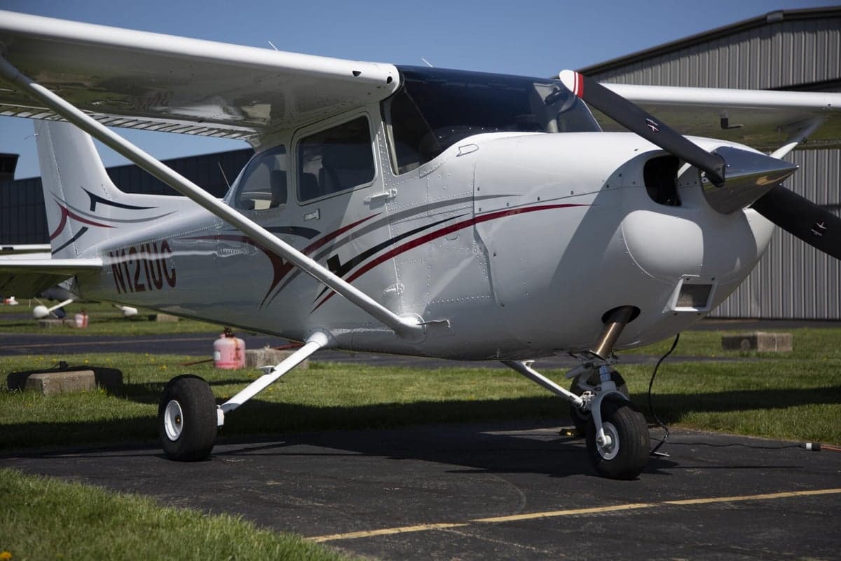 Cessna 172 Skyhawk parked outside Sporty's Pilot Shop.