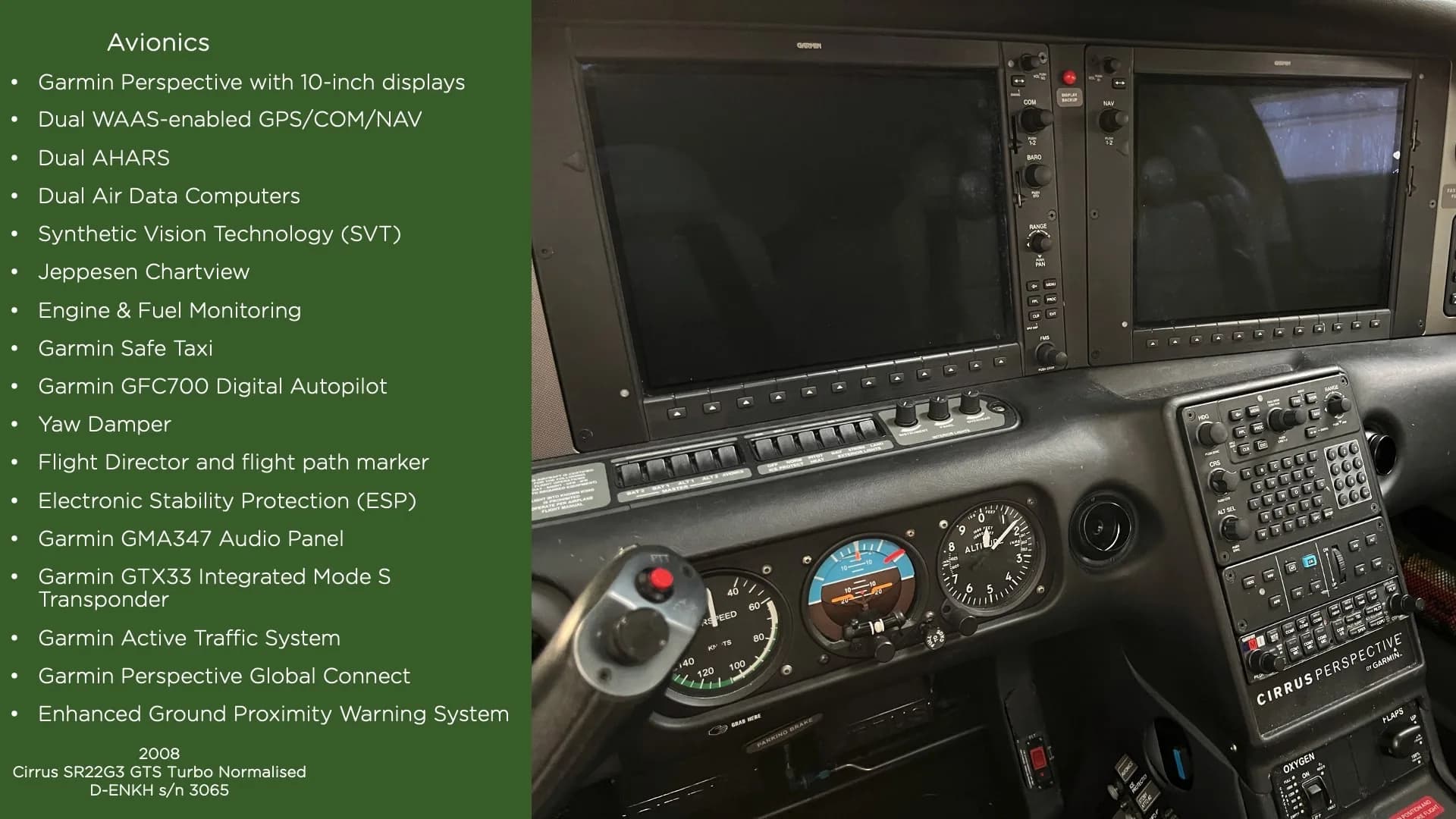 Avionics and instrument panel of a Cirrus SR22G3 GTS Turbo Normalized.