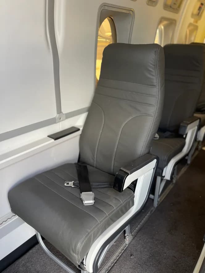 A row of dark gray leather passenger seats with seatbelts fastened, inside an aircraft cabin.