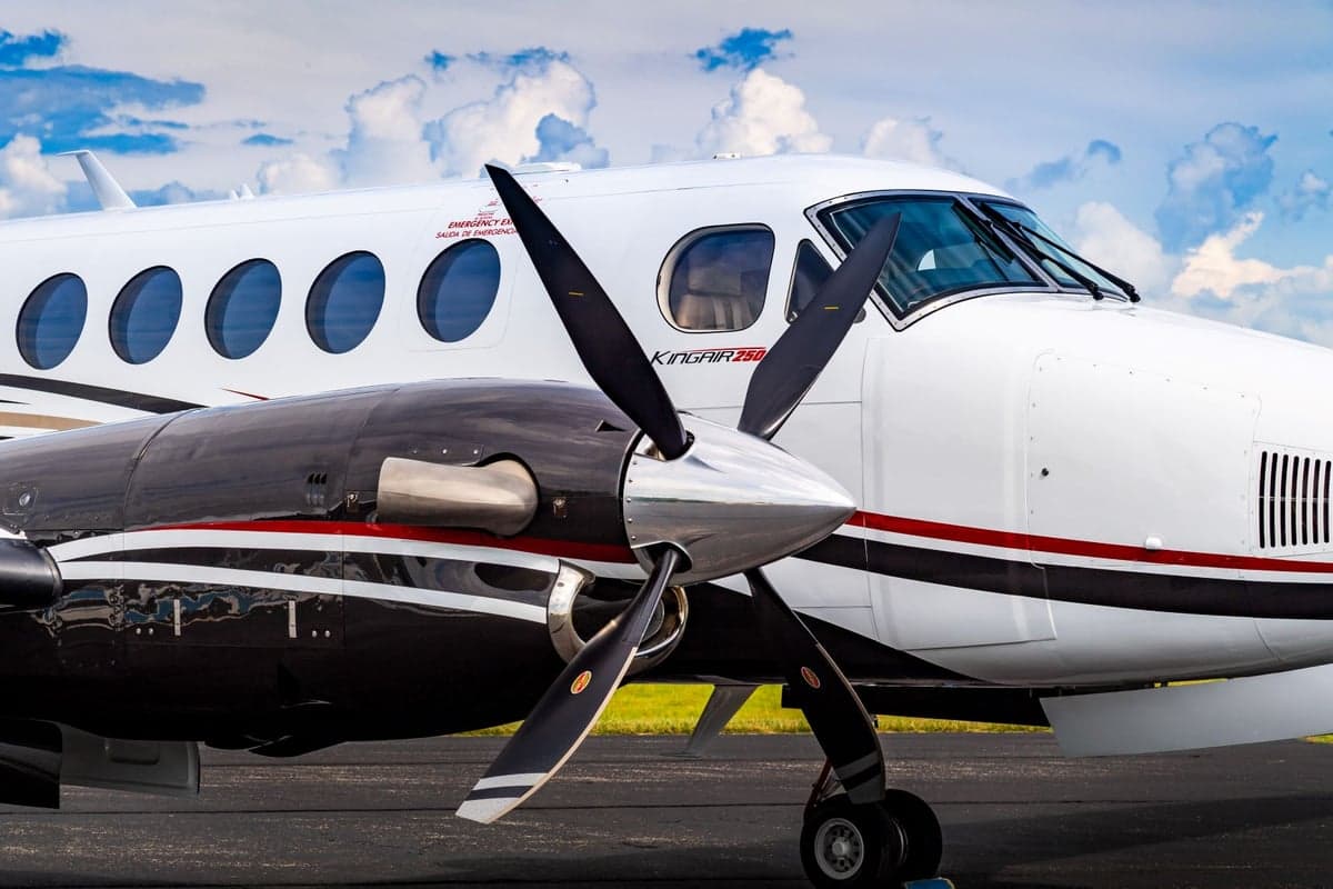 Close up of a King Air 250 aircraft on the tarmac.