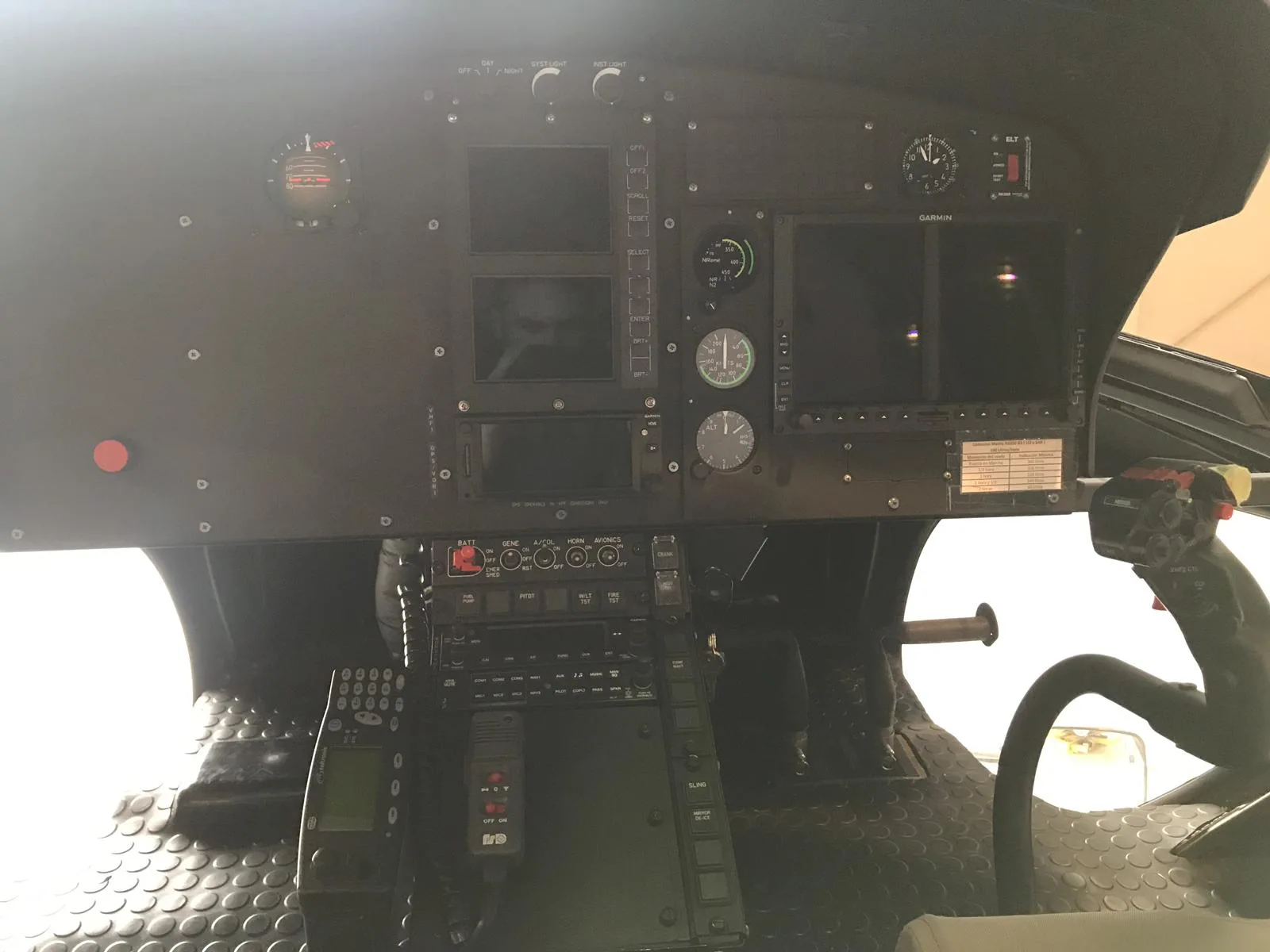 The instrument panel of a helicopter cockpit.