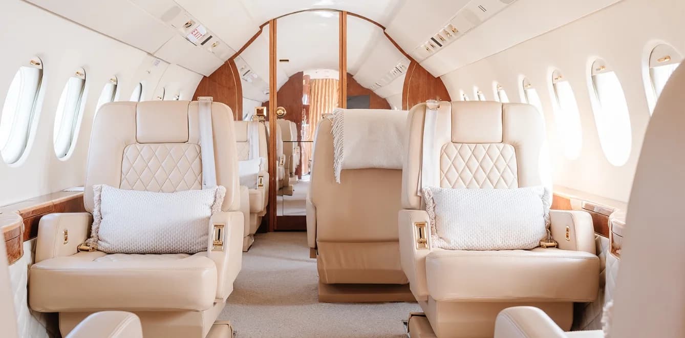 A view of the aircraft's interior, showing the seating arrangement.