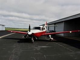 Front view of the N768F aircraft parked on the tarmac.