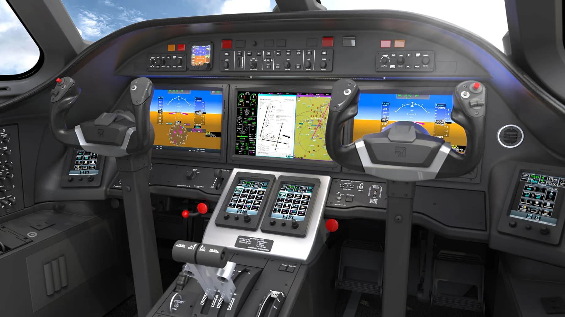 View of the aircraft's cockpit with multiple display screens and controls.