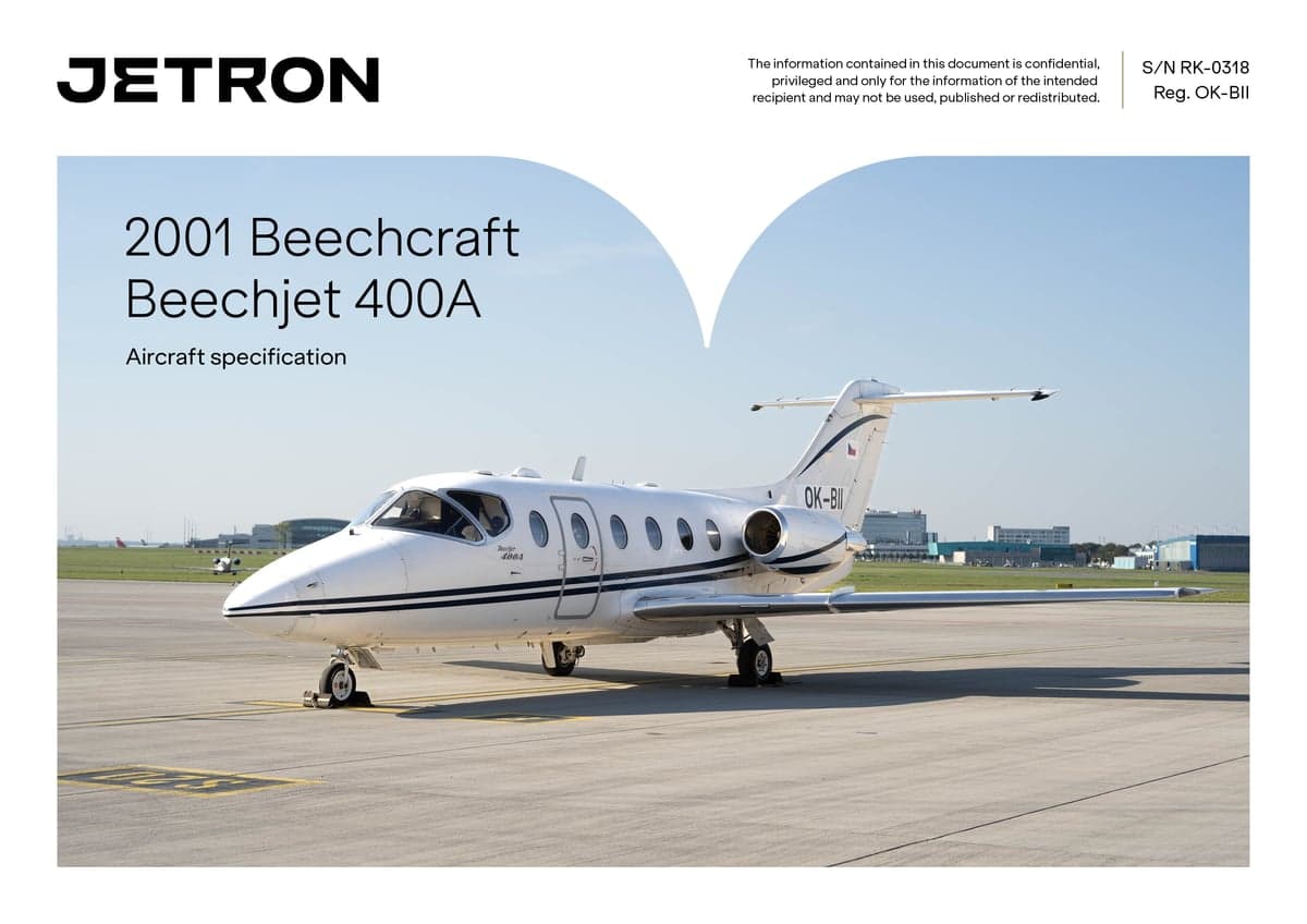 A 2001 Beechcraft Beechjet 400A aircraft specification on the tarmac.