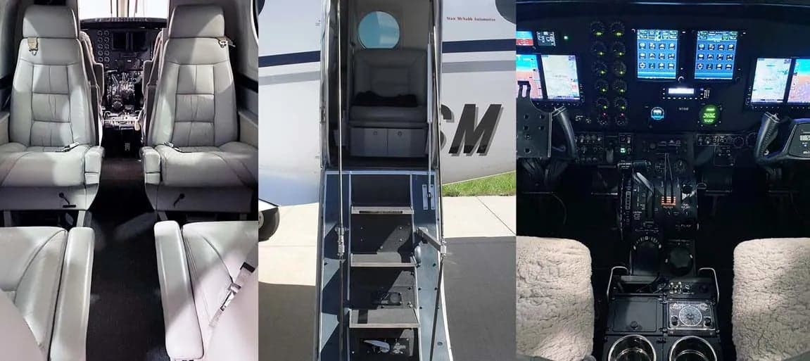 Collage of the aircraft's interior, including the cabin seats, entry stairs, and cockpit.