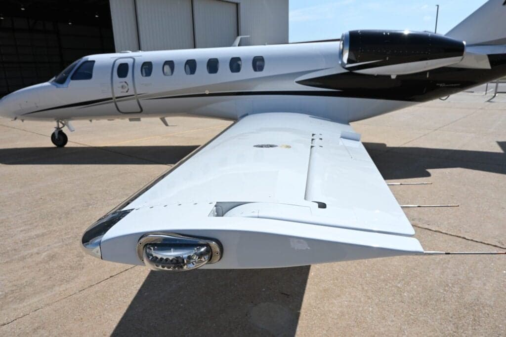 Close up of the wing of a Cessna Citation CJ3+.