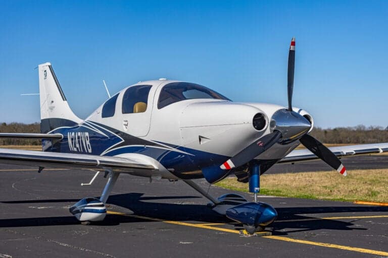 Close up front view of the Cessna TTx, registration N247VB, on the tarmac.