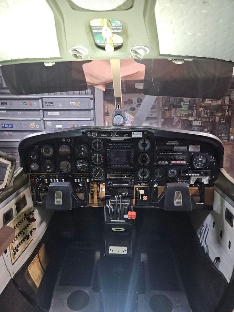 A view of the aircraft's instrument panel and controls.