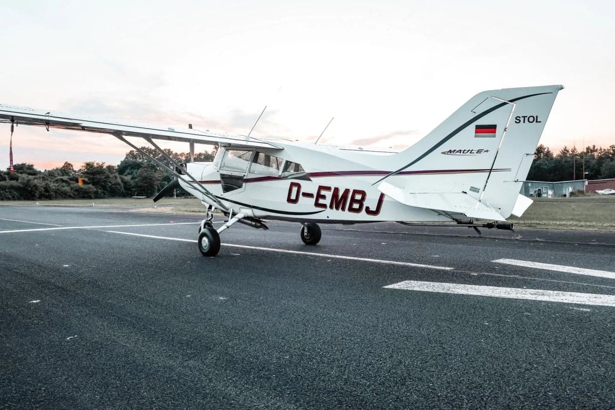 D-EMBJ Maule STOL aircraft on the tarmac, side view.