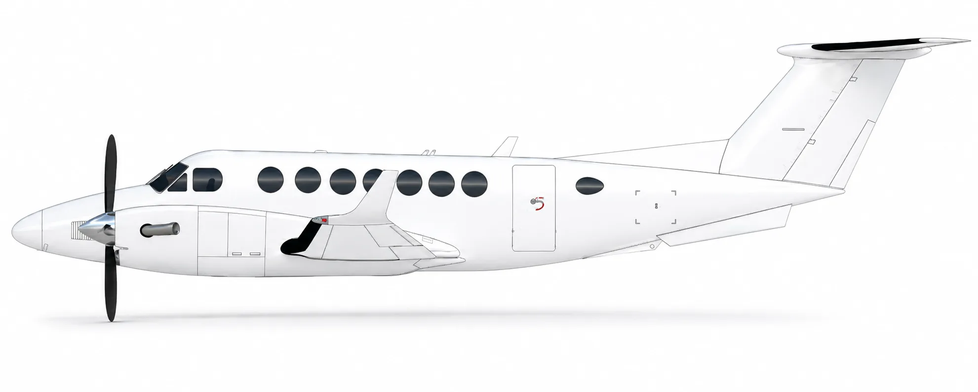A white twin-turboprop aircraft, likely a Beechcraft King Air, shown in a side profile against a white background.
