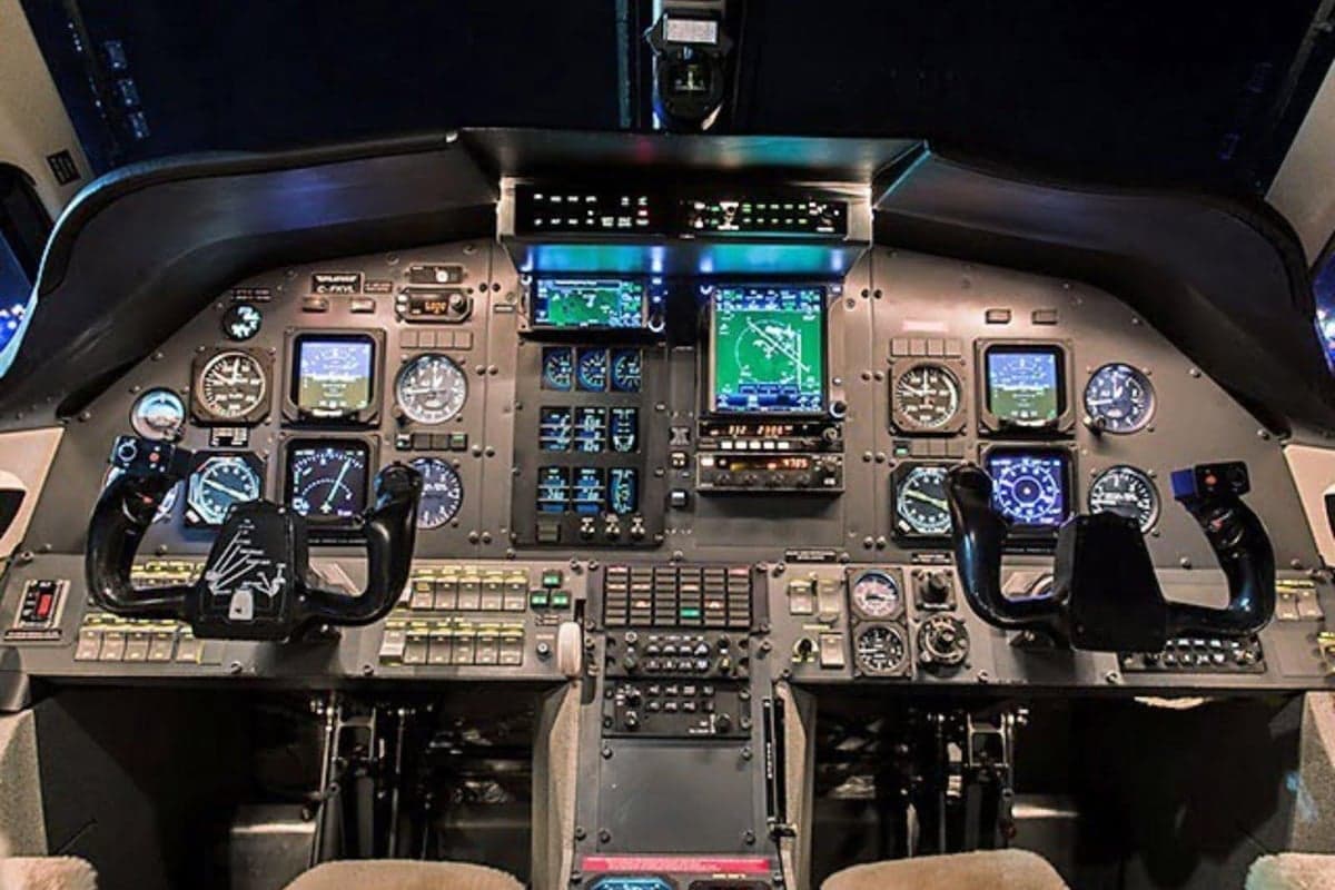 View of the aircraft's cockpit instrument panel.