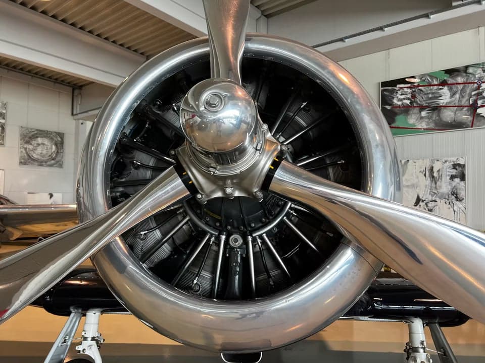 Close up of the side of a navy blue North American T-6 Texan inside a hangar.