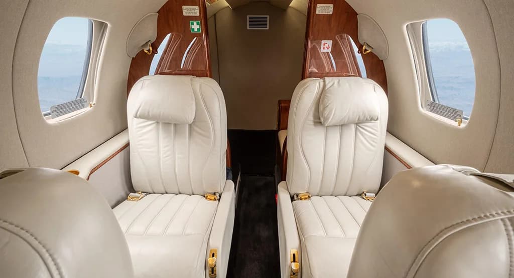 Two light cream leather passenger seats in the aircraft cabin, with windows showing a cloudy sky outside.