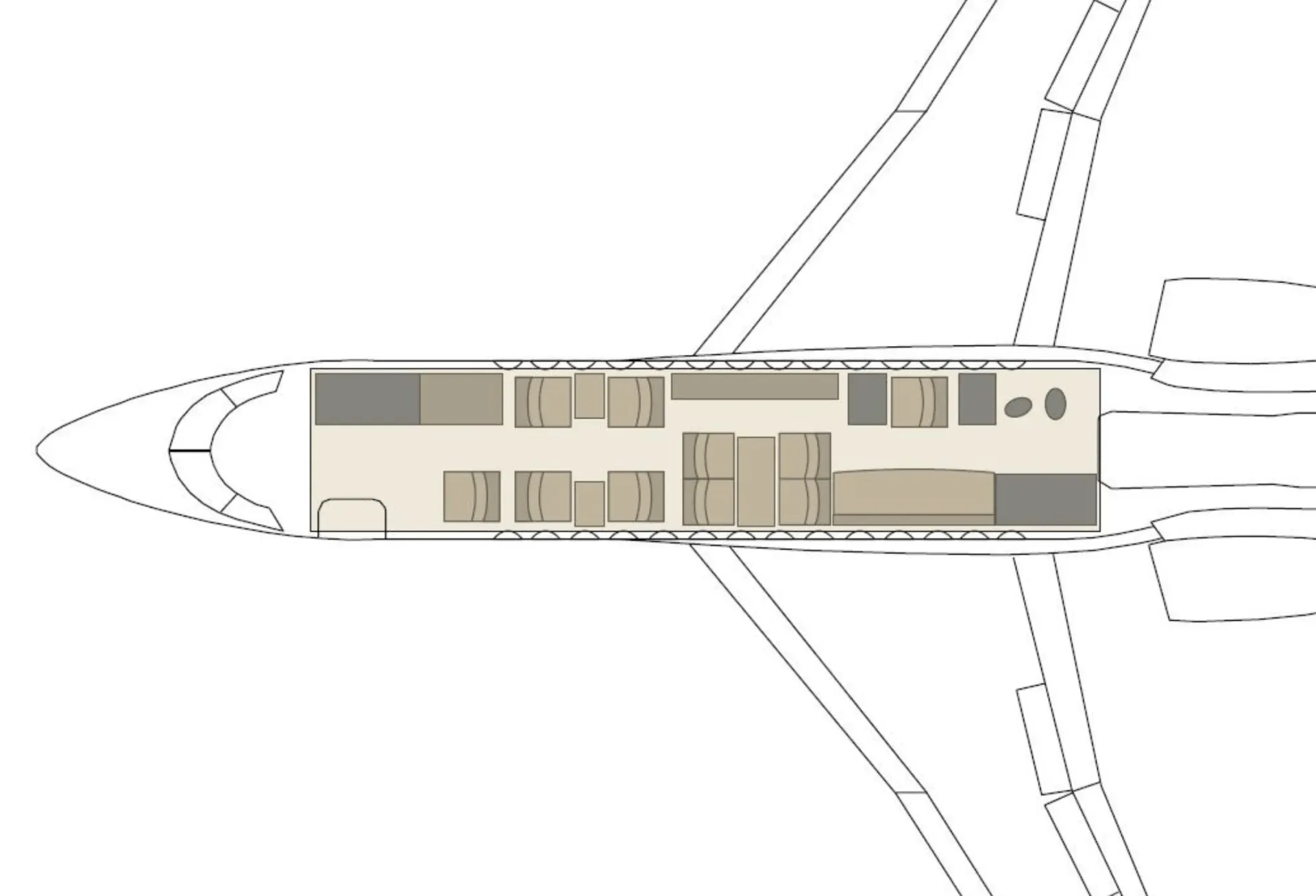A top-down diagram showing the interior cabin layout of a business jet with seating arrangements.