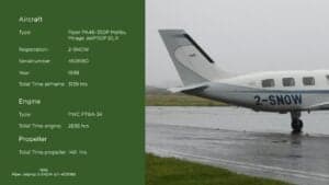 Piper Jetprop 2-SNOW on the tarmac with aircraft details.